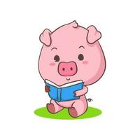 Cute pig cartoon character reading a book. Adorable animal concept design. Isolated white background. Vector art illustration.