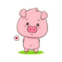 Cute happy pig cartoon character standing with hands on back. Adorable animal concept design. Isolated white background. Vector art illustration.