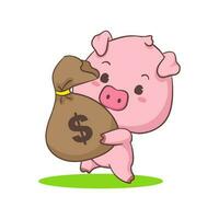 Cute pig cartoon character holding money back with ollar around. Adorable animal and business concept design. Isolated white background. Vector art illustration.