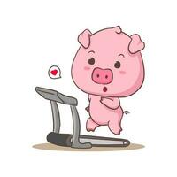 Cute pig cartoon character running on treadmill. Adorable animal concept design. Isolated white background. Vector art illustration.