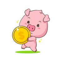 Cute pig cartoon character holding big dollar coin. Adorable animal concept design. Isolated white background. Vector art illustration.