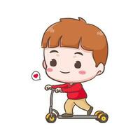 Cute kid boy riding scooter cartoon character. People expression concept design. Isolated background. Vector art illustration.