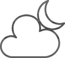 Black line art cloud with moon in flat style. vector