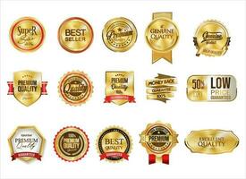Collection of golden commercial labels and ribbon templates vector illustration