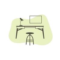 Office desk and chair icon in flat style. Workplace vector icon on abstract shape  background. Interior icon.