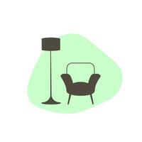 Armchair and floor lamp icon in flat style. Furniture vector icon on abstract figure background