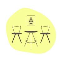 Interior icon with table and chairs on a yellow abstract shape background. Furniture icon in a flat style vector