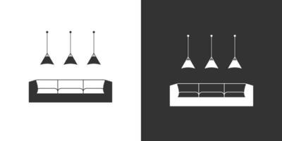 Interior icon with sofa and ceiling lamps. Furniture symbol. Isolated vector icon on black and white background