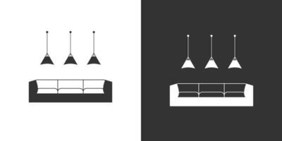 Interior icon with sofa and ceiling lamps. Furniture symbol. Isolated vector icon on black and white background