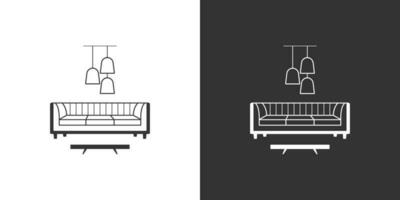 Furniture interior line icon with sofa, coffee table, modern chandelier. Black and white linear vector icon