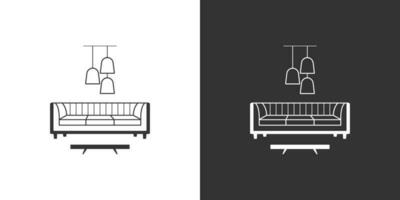 Furniture interior line icon with sofa, coffee table, modern chandelier. Black and white linear vector icon