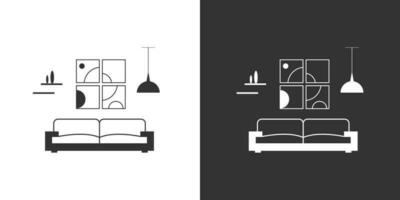 Living room icon. Furniture icon on black and white background. Interior vector icon