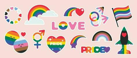 Happy Pride LGBTQ element set. LGBTQ community symbols with rainbow flag, rocket, heart. Elements illustrated for pride month, bisexual, transgender, gender equality, sticker, rights concept. vector