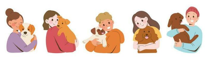 Set of Happy owner and pet concept vector. Flat cartoon characters collection with women, men hugging, hold their dogs. Dog and peoples illustration design for decoration, cover, website, poster. vector