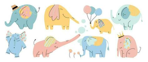 conjunto de linda elefantes vector. adorable salvaje vida elefante en diferente posa, feliz, sesión, globo, corona, flor. contento salvaje animales ilustración diseño para educación, niños, póster, pegatinas vector