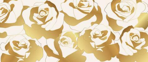 Luxury golden rose flower line art background vector. Natural botanic elegant roses with gold gradient texture. Design illustration for decoration, wall decor, wallpaper, cover, banner, poster, card. vector