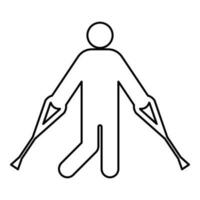 Man with crutchs crutches broken leg in cast gypsum bone injury fracture contour outline line icon black color vector illustration image thin flat style