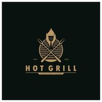 Simple Barbecue Vintage hot grill, with crossed flames and spatula. Logo for restaurant, badge, cafe and bar.vector vector