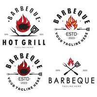 fumar y barbacoa parilla Clásico caliente parrilla, con cruzado llamas y espátula. logo para restaurante, insignia, café y bar.vector vector