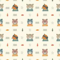 Seamless pattern with cute bear. bears, teddy, bear, trees and dots in scandinavian style isolated vector. vector