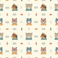 Seamless pattern with cute bear. bears, teddy, bear, trees and dots in scandinavian style isolated vector. vector