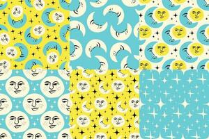 Sun and moon pattern. Freaky quirky pattern with sun and moon. illustration in doodle style vector