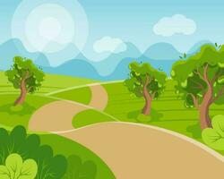 Spring landscape, country road and trees in the fields and meadows on the background of the sky and the sun. Illustration, poster, vector