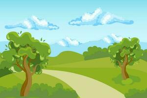 Spring landscape, country road and trees in the fields and meadows on the background of the sky and the sun. Illustration, poster, vector