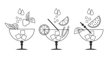 Set of line drawings of refreshing cocktails with ice cubes, straws and umbrellas on a white background. Drink icons, cafe menu, vector