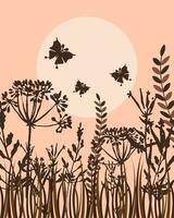 Spring summer landscape, meadow grasses, flowers, butterflies at sunrise. Illustration, poster, vector