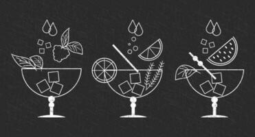 Set of white grunge drawings of refreshing cocktails with ice cubes, straws and umbrellas on a dark background. Drink icons, cafe menu, vector