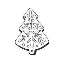 Hand drawn sketch of christmas cookie isolated on white background. Vector vintage line art illustration. Gingerbread christmas tree. Merry christmas text.