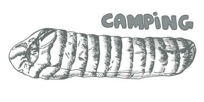 Tourist sleeping bag sketch engraving vector illustration. camping equipment, blanket for sleeping.