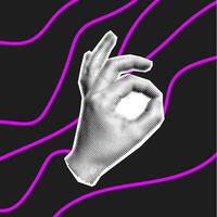 Hand with ok gesture in trendy halftone style on gray background and doodles. Palm collage, funky pop art poster, stylish illustration. vector