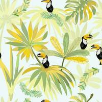 Hornbill bird in yellow and green forest seamless pattern vector