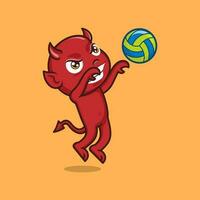 cute cartoon devil playing volleyball vector