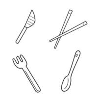 A small set of 4 different plastic cutlery. Doodle black and white vector illustration.