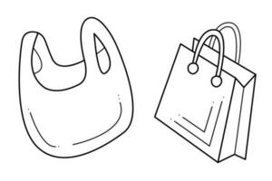 A small set of a plastic bag and a paper bag. Doodle black and white vector illustration.