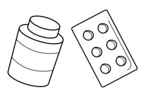 A small set of two packs of pills.  Doodle black and white vector illustration.