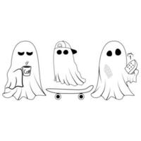 ghost cute ironing , drink coffee and skateboarding vector