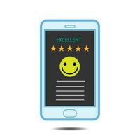 Emoticon smiley face on smartphone screen. with popup five star icon for feedback review satisfaction service, Customer service experience and business satisfaction survey. vector