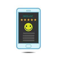 Emoticon smiley face on smartphone screen. with popup five star icon for feedback review satisfaction service, Customer service experience and business satisfaction survey. vector