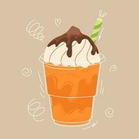 delicioso mango batido. Leche té en un el plastico vaso con un paja. frio verano bebida con último y garabatear elementos. mano dibujado vistoso de moda vector ilustración. dibujos animados estilo. plano diseño.