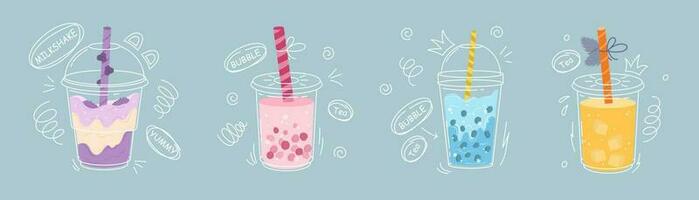 Set of four different Bubble tea. Milk tea with tapioca pearls. Boba tea. Asian Taiwanese drink. Hand drawn colored trendy vector illustration. Cartoon style. Flat design. All elements are isolated