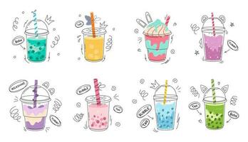 Set of Bubble Tea or Coffee Drinks Isolated on White Background. Pearl Milk Tea , Boba Yummy Beverages in Glass or Plastic Cups with Straw, Graphic Design Collection, Cartoon Vector Illustration