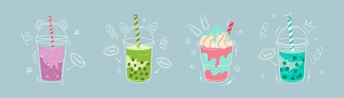 Bubble tea cup design collection, Pearl milk tea, Yummy drinks, milkshake and soft drinks with doodle style banner. Bubble milk tea ads with delicious tapioca and pearl. Cartoon Vector Illustration.