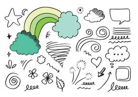 Hand drawn doodle design elements, black on white background. wind, swoops, emphasis, Arrow, crown, line, rainbow. doodle sketch design elements vector