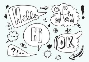 Hand drawn set of speech bubbles with dialog words Hello, hey, ok, Hi. Vector illustration.