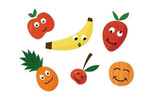 Crazy faces colorful fruits set. Doodle cartoon style juicy tropical illustration. vector