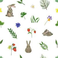 Hand drawn watercolor seamless pattern with forest greenery, flowers, berry and hare vector